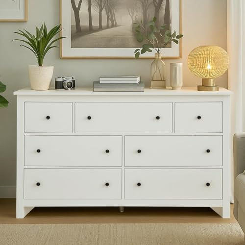 Comoda Dormitorio Blanca, comodas y cajoneras Dormitorio, cajonera 7 cajones, cajonera Blanca, Mucho Espacio de Almacenamiento, 152 x 40 x 88.5 cm