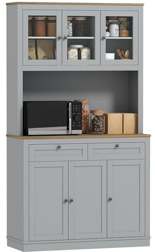 HOMCOM Alacena de Cocina, Mueble Auxiliar de Cocina, con 3 Puertas de Vidrio, Encimera Abierta para Microondas, 2 Cajones y Estantes Ajustables, 100x40x180 cm, Gris