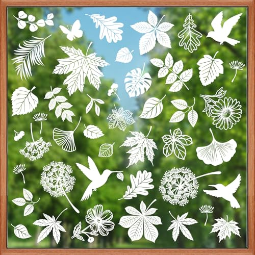 decalmile Spring Summer Leaves Double Sided Window Clings White Leaf Hummingbird Dandelion Anti-Collision Glass Doors Window Stickers Decals