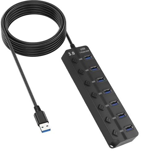 Strömförsörjd USB-hubb med 7 portar och oberoende strömbrytare, USB 3.0 2.0-hubb för PC, bärbar dator, Mac, Windows, Linux, 1,2 m kabel