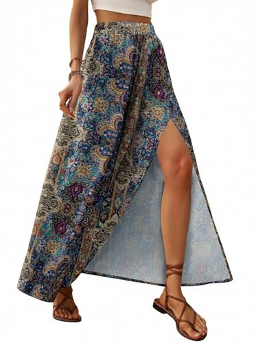 Zeagoo Falda Mujer Larga Flor Faldas Verano Bohemio Falda A Línea Fluida Falda de Gasa Casual Cintura Alta Maxi Skirt Estilo Bohemio L