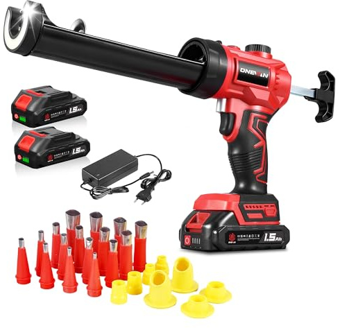 ONEVAN, pistola elettrica per cartucce, 300ml, con controllo della velocità regolabile e luce LED, pistola per cartucce inclusa con 24 ugelli, 2 batterie da 1,5Ah, per lavori di tenuta, sigillatura e