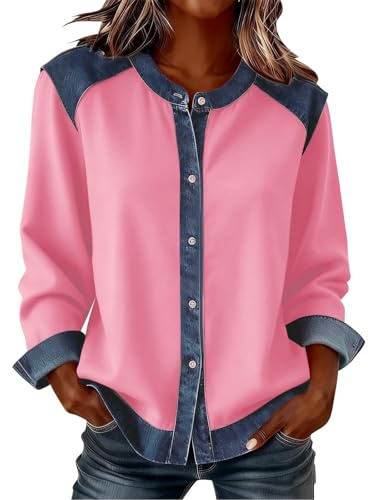 Denim lappverk skjorta kvinnor långärmad button down jeansskjorta western Chambray blusar vår höst vardaglig lös cowboy tunika toppar komfort lätt affärer kontor arbete toppar, Rosa, L