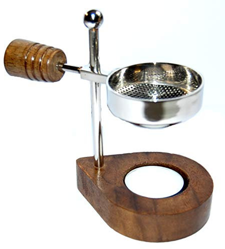 Esoterik-Versand Räucherstövchen vernickelt, mit Holzgriff und Holzsockel, zum Verräuchern von Kräutern und Harzen