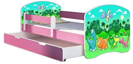 ACMA Kinderbett 80 x 160 cm mit Bettkasten, Matratze & Lattenrost – Jugendbett mit Rausfallschutz, personalisiertes Motiv 30 Dino - Rosa, Mädchenbett ab 3 Jahren, belastbar bis 120 kg