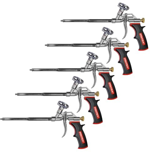 PRITEX – 5 x Schaumpistole inkl. Düsenverlängerung – Bauschaumpistole für Pistolenschaum, Bauschaum, Montageschaum uvm. – Metallpistole mit gummiertem Handgriff – Montagepistole für präzise Dosierung