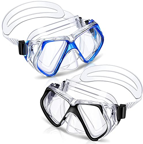 Weewooday 2 Pcs Adults Swimming Goggles with Nose Cover Antifog Clear Diving Mask Clear Wide View No Blurring Tempered Glass Swim Goggle for Adult Men Women Youth(Black, Blue)