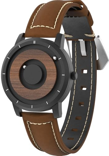 EUTOUR Mens Watches Men Wooden Watches Magnetic Watches Analogue Mens Natural Wood Case Drak Brown Leather Strap Black 40mm E022A-P2D-CN