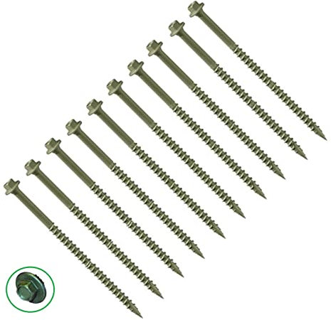 TERF® Lot de 10 vis à tête hexagonale robuste - 7 x 100 mm - Finition verte - Anti-corrosion - 7 x 100 mm - Pour cadre en bois extérieur - Vis paysagères