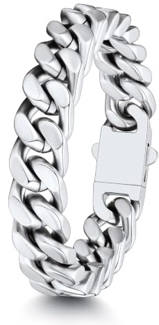 ChainsHouse Mens Silver Bracelet Cuban Chain Heavy Stainless Steel Bracelets for Men Hip Hop Chunky Curb Chains Link