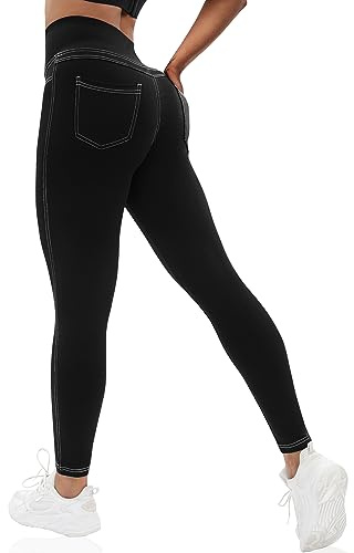VOOVEEYA Curvy Womens Leggings, High Waisted Yoga Pants with Back Pockets, Tummy Control - Buttery Soft - Stretchy(Black XL)