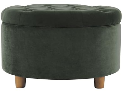 HomePop Home Decor | Large Button Tufted Velvet Round Storage Ottoman | Ottoman with Storage for Living Room & Bedroom, Loden Green Velvet, 28