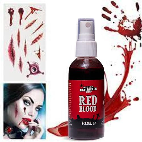 Halloween Fake Blood Red Spray 70ml FANCY DRESS ACCESSORY PUMP SPATTER for Anime Role-playing Easy to Clean Portable Realistic Creative Theatrical Effect Make Up Tool Creepy Fake Zombie Face Paint