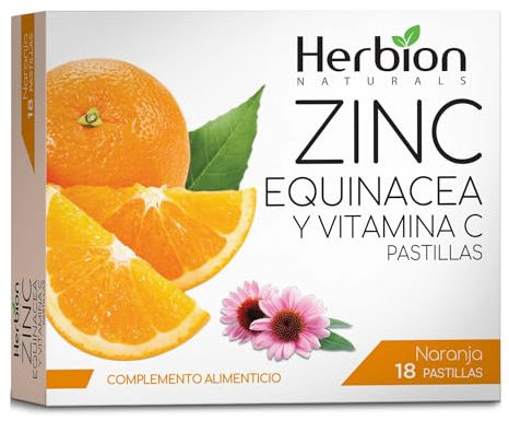 Herbion Naturals Pastillas de Zinc, Equinacea y Vitamina C con Sabor Natural a Naranja - 18 Pastillas - Suplemento Dietético - Apoya el Sistema Inmunológico - Promueve la Buena Salud en General