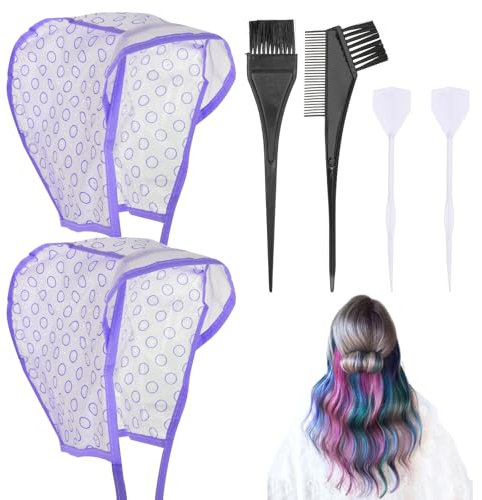Bewudy 2 Sets of Hair Coloring Kits, Hair Highlighting Caps, Hair Dye Cap Disposable Hair Art Frosting Cap with Plastic Crochet Hook, and Hair Dye Brushes for Salon Hair Dyeing Hairdressing (Purple)