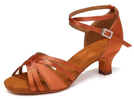 YCALCP Latindansskor för kvinnor Öppen tå Satin Salsa Bachata Tango Öva dansskor,811-Brun-5cm,EU 39