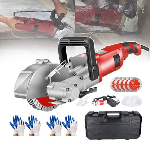 forplubossmmp Electric Wall Chaser Concrete Cutter, 7500r/min Concrete Groove Slotting Machine, Wall Chaser with 5 Saw Blades for Brick Marble Concrete, Cutting Width 1.3in and Depth 1.45in,red