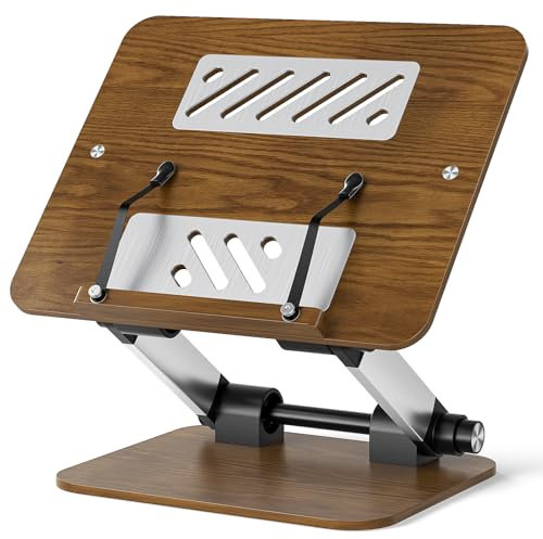 HIUYRFS Book Stand, Adjustable Wooden Book Holder Reading Stand, 180° Flexible Lift, Foldable, Cookbook Holder with Page Clip, Presentation Stand for Recipes, Magazines, Tablets, Laptops