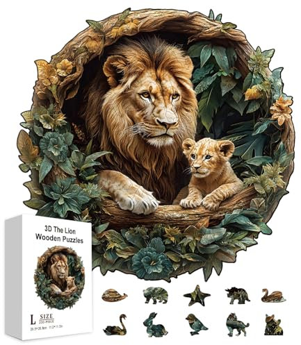 GLOBLELAND 200Pcs 3D The Lion Wooden Jigsaw Puzzles for Adult 11.34x11.22inch Colorful Forest Animals Wood Puzzles for Holiday Birthday Anniversary