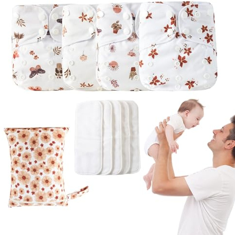 Pannolini riutilizzabili baby, pannolini di stoffa riutilizzabili,Pannolini di stoffa per bambini riutilizzabili regolabili - 4x fodera assorbenti e traspiranti, copertura impermeabile con 4 inserti e