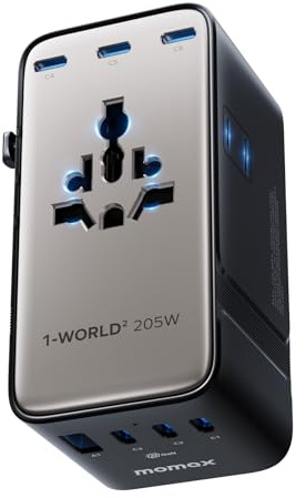 Momax 9-in-1 High-Power Universal Travel Adapter, 205W GaN Worldwide Charging Hub with 6 USB-C & 1 USB-A, AC Outlet, Type A/C/G/I Plugs for 200+ Countries, Safe for Laptops, Phones, Cruise Ready