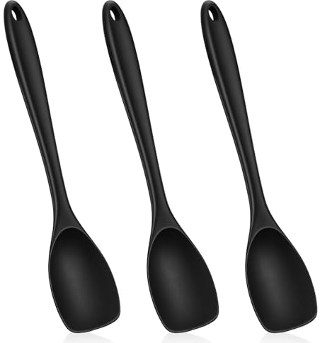 3-delat silikonkokskeds-set, 27,5 cm svart värmebeständig upp till 210 °C, non-stick beläggning, BPA-fri, för omrörning, servering, ergonomiska handtag