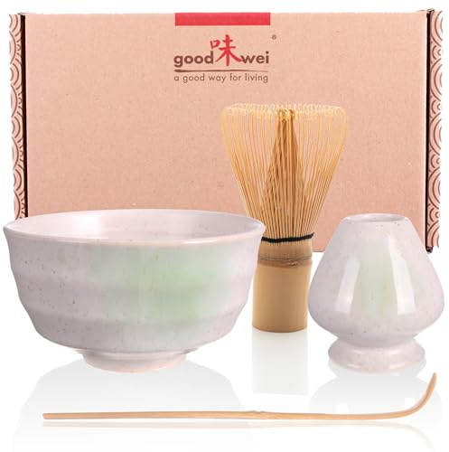 Goodwei Matcha-set Teservis med modern Matchaskål Chawan, Bambuvisp, matchande keramisk visphållare och den traditionella skeden (Shiro)