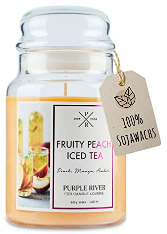 Purple River Große Duftkerze im Glas mit Deckel | Fruity Peach Iced Tea | Duftkerze Fruchtig | Kerzen lange Brenndauer | Sojawachskerze | Raumduft für Zuhause