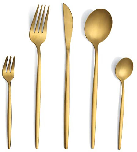 Pleafind posate oro 30 pezzi, posate acciaio inox 6 persone, set posate oro, posate dorate con coltello, forchetta, cucchiaio, lavabili in lavastoviglie