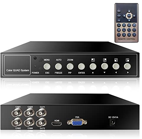 4 Canaux HD 1080P Quadruple Vidéo Processeur Vidéo Sélecteur Vidéo Multiplexeur Vidéo pour Caméras Sécurité CCTV AHD CVI TVI avec Fonctions Zoom Numérique, Gel Vidéo Multiple, Alarme Perte Vidéo