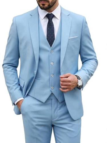 Hihawk Herr 3-delad kostym med stretchtyg, solid smal passform en knapp kostym blazer set, jacka väst byxor med slips., Himmel, XXL