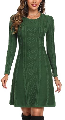 Aottori Vestido de Punto Mujer Suéter Manga Larga Cuello Redondo Elegante Casual Jersey Vestido Una Línea Otoño Invierno Verde Oscuro S