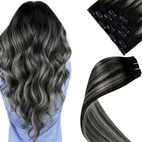 LaaVoo Clip in Extensions Echthaar Ombre Schwarz 55cm Silber Clip in Haarverlängerung 70g 5pcs Clip Echthaar Balayage Extensions Remy Human Hair Extensions Schwarz Silber Full Head #1b/silver/1b