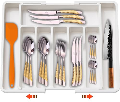 DAFFODILY Adjustable Cutlery Drawer Organiser, 8 Compartments, Extendable Utensil Storage Tray, White