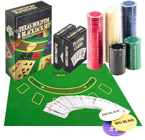 ADEPTNA 2 in 1 Texas Hold’em Poker & BlackJack Casino Game Set with 2 Packs of Playing Card, Blind & Dealer Button, 200 Professional Poker Chips, Poker Set with Double Sided Mat, and Chips.