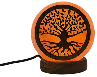 AROMASENSES | Lámpara de Sal del Himalaya USB | Hecha a Mano, Base de Madera | Lámpara Relajante para Mesita de Noche y Oficina, Luz Fija, 100% Natural | Sal Rosa del Himalaya | ARBOL DE LA VIDA