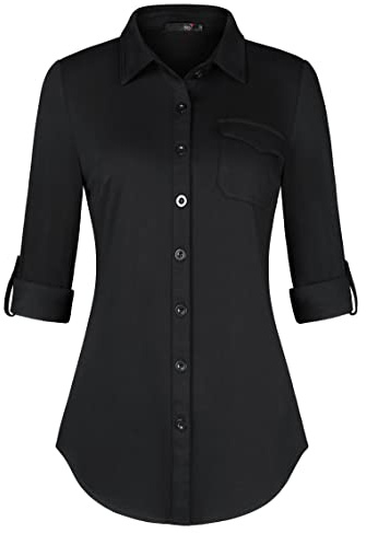 DJT Womens Soft Knitted Button Down Shirt Tops Roll Up Long Sleeve Plaid Shirts Stretchy Dressy Casual Office Work Blouse XL Black