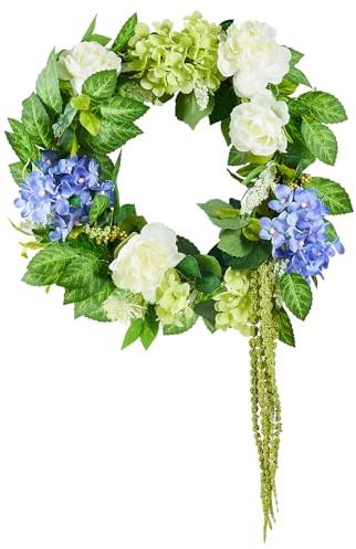 VEVOR Artificial Decorative Wreath, 23 in, Blue White Green, Decorated with Hydrangeas, Roses, Berries, Vines, Year Round Wreath for All Seasons Indoor and Outdoor Home Wall Window Festival Decor