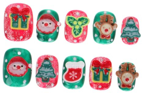 Healvian Uñas Postizas Cortas Navideñas de Plástico para Mujer Decoración de Uñas para Fiestas de Invierno Diseño de Amuleto de Alce y Calcomanías Festivas
