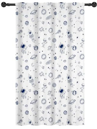 YONGFOTO 107x160cm Espacio Exterior Cortinas con Bolsillo para Barra Cósmico Astronauta Planetas Cohetes Filtrado de luz Cortinas para Habitaciones Infantiles
