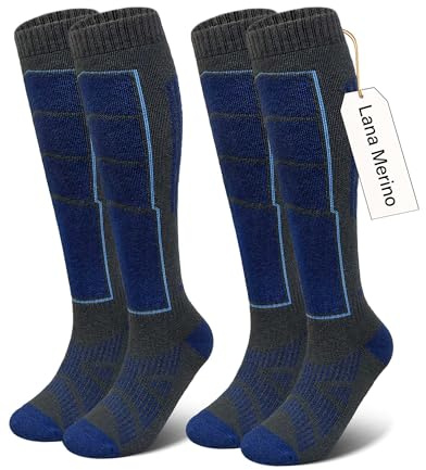 Vebroert Calcetines de Esquí Lana Merino - 2 Pares Hombre Mujer Calcetines Térmicos Invierno Frío Extremo Montaña Regalo Navidad Azul EU 39-42