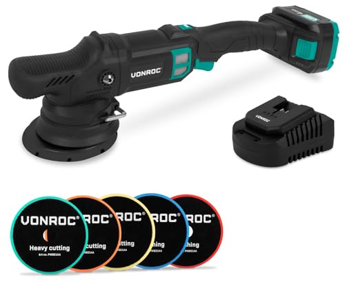 VONROC VONROC PM510DC sladdlös roterande polermaskin, Ø 125 mm, 20 V borstlös motor, set med 5 skivor, 4,0 Ah batteri och snabbladdare, för bil, målningar och finish