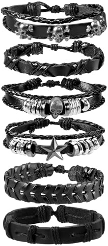 JOLYEAK Punk Leather Rivets Bracelets Punk Rock Leather Studded Bracelets 80s Wristband Emo Gothic Spike Cuff Bracelet Set for Men Women Rocker Outfits Skull Bracelet (Black Skull-6PCS)