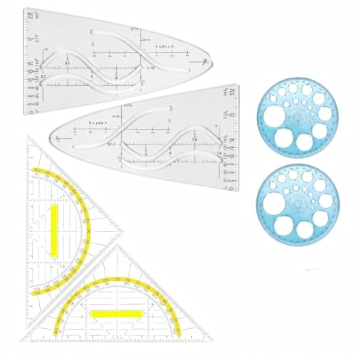 Set di Squadrette da Disegno 45° e 60° con Template Parabolico e Cerchi Multifunzione, Kit Completo con Supporti Triangolari, Ideale per Matematica, Fisica e Disegno Tecnico, Alta Durabilità