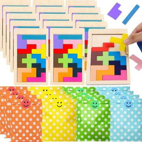 Pack 20 Mini Juegos Bloques Madera, Puzzle Rompecabezas Niños, Regalos cumpleaños niños Colegio, Detalles comunión para Invitados, Detalles cumpleaños niños, 20 Juegos Rompecabezas + Bolsas de Regalo