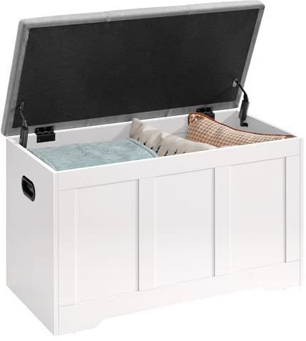 VASAGLE Banco Arcón con Tapa, 2 Bisagras de Seguridad, Banco Zapatero, Estilo Rústico, para Recibidor, Dormitorio, Salón, 41 x 81 x 49 cm, Blanco Mate y Gris Paloma LSB067W101