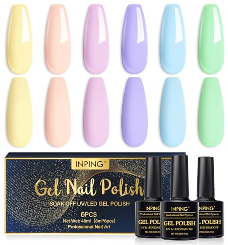 INPING Esmalte de uñas UV pastel, 6 colores azul, verde, amarillo, rosa, morado, pastel, primavera y verano, esmalte de uñas de gel Soak-Off UV Gel Esmalte de uñas para mujeres hogar DIY Nail Art,8 ml