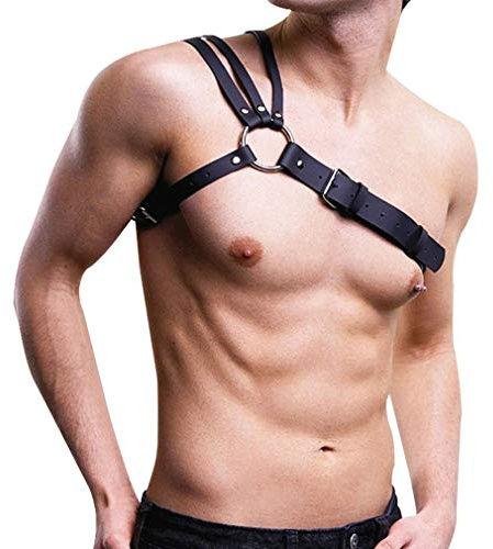 Pinwe Men’s Black Leather Body Harness Half Chest Shoulder Strap Cage Belt Adjustable