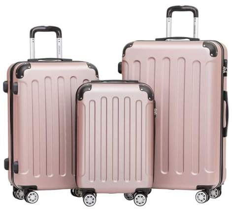BEIBYE- Hartschalenkoffer Koffer Trolley Rollkoffer Reisekoffer Zahlenschloß 4 Zwilings-Rollen (Rosa-Gold, Koffer-Set)