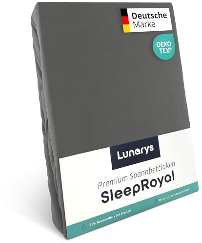 Lunarys® SleepRoyal Luxus Spannbettlaken 180x200cm - Grau - 250 g/m² Premium Bettlaken - 40 cm Steghöhe - für hohe Matratzen, Boxspringbett & Matratze + Topper & Wasserbett - Stretch Jersey